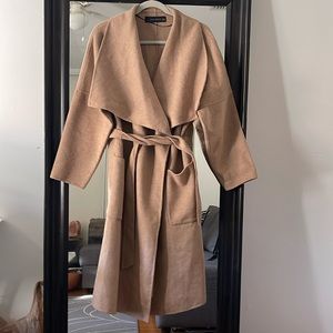 ZARA Handmade Waterfall Lapel Wool Blend Long Wrap Coat Camel Mink Beige Size M